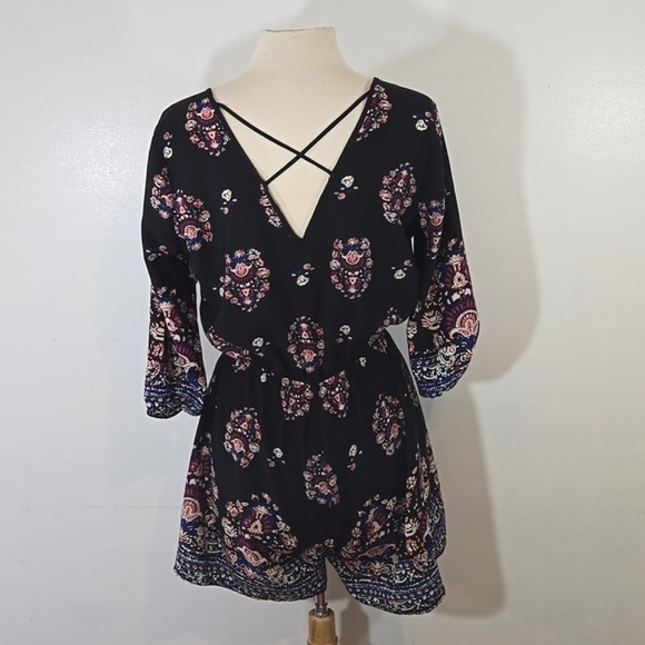 Rags To Wishes Floral Print Boho Black Romper Large - Picture 6 of 11